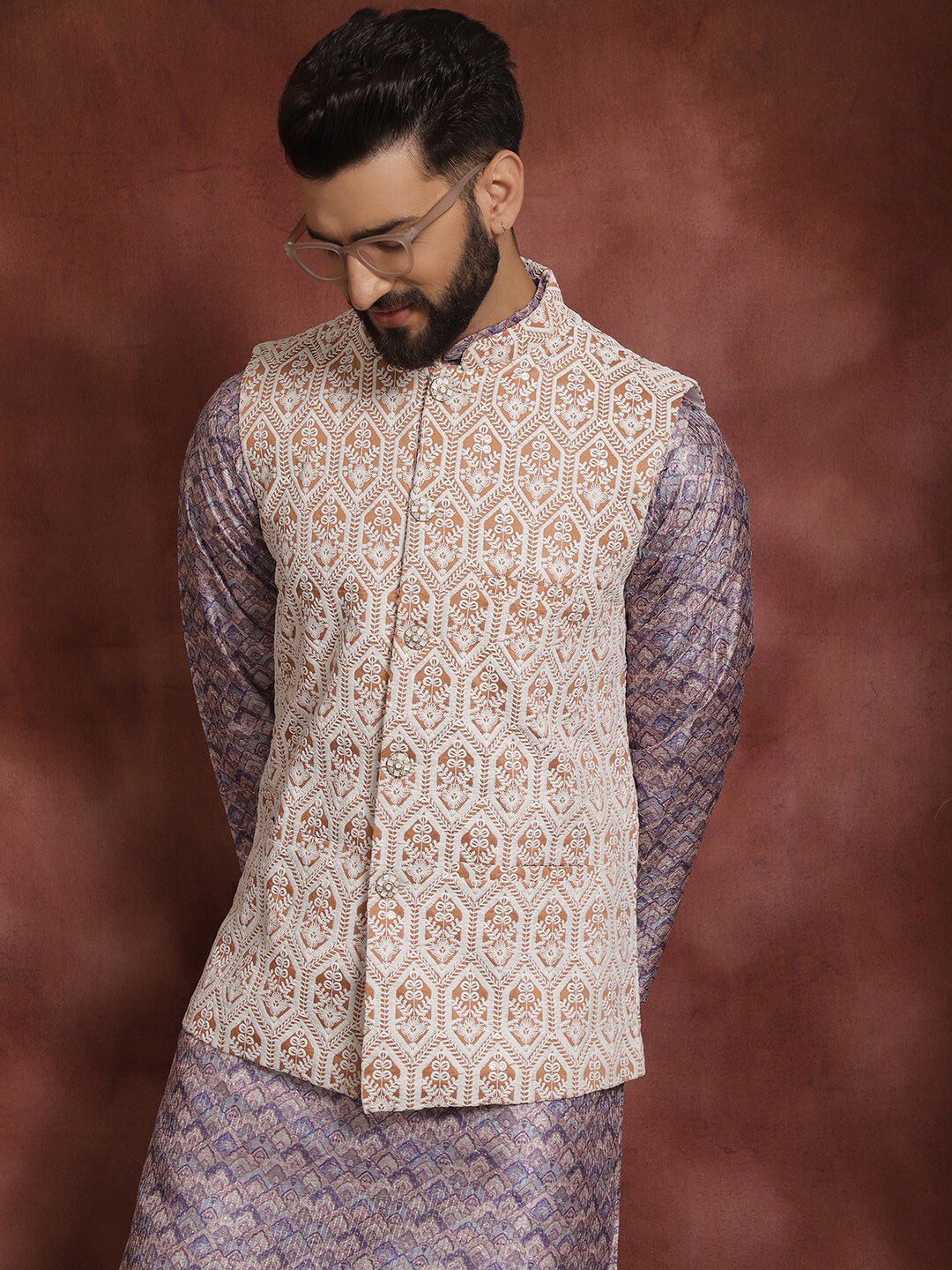 Anouk Striped Mandarin Collar Knee Length Regular Kurta with Churidar