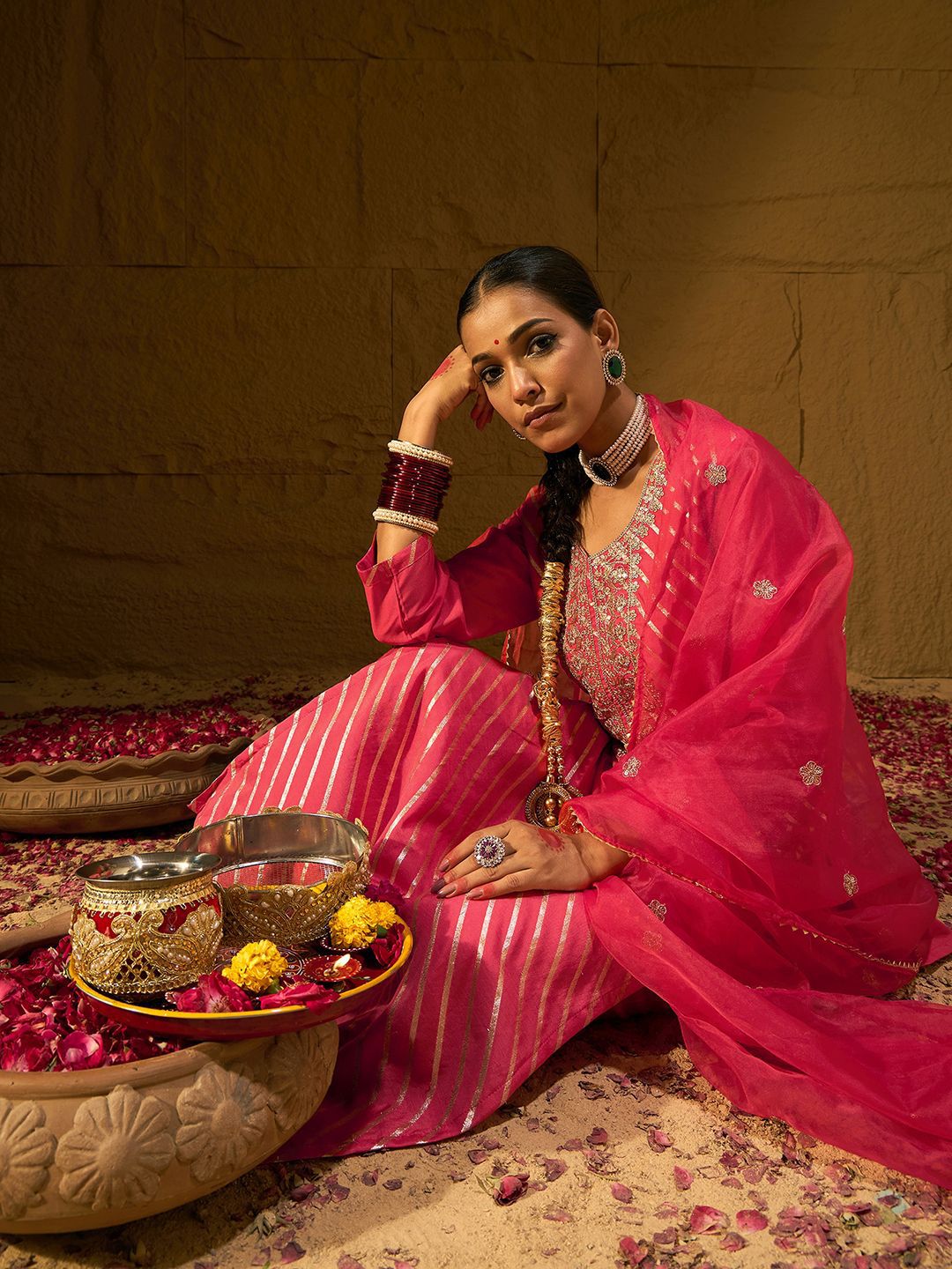 Indo Era Leheriya Embroidered Thread Work Chanderi Silk Kurta With Trousers & Dupatta