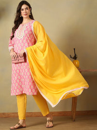 Mamicha Women Ethnic Motifs Printed Regular Thread Work Pure Cotton Kurta with Trousers & With Dupatta