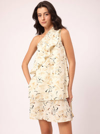 DressBerry Blooming Beauty Floral Print Smocked One-Shoulder Ruffled Layered A-Line Dress