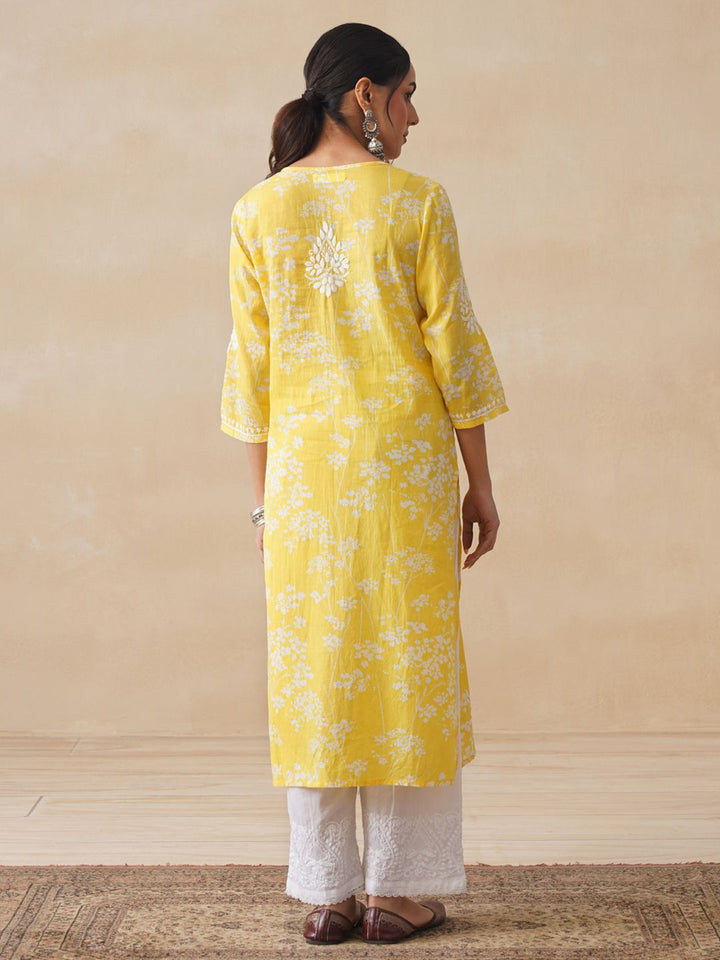 House of Chikankari Women Yellow Mulmul Chikankari Embroidered Kurta