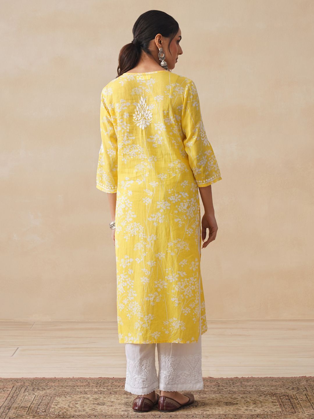 House of Chikankari Women Yellow Mulmul Chikankari Embroidered Kurta