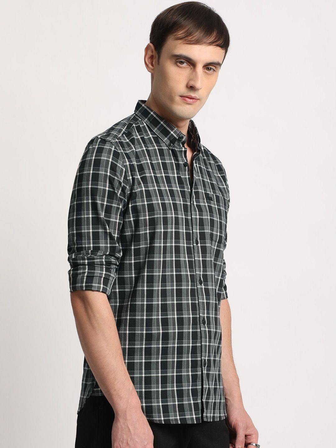 THE BEAR HOUSE Men Checked Slim Fit Button-Down Collar Pure Cotton Casual Shirt