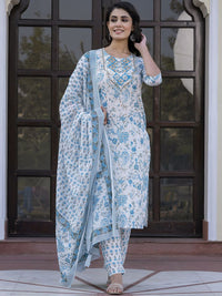 Kalini Paisley Bercetak Cermin Kerja Lurus Kurta Kapas Murni Dengan Seluar & Dupatta
