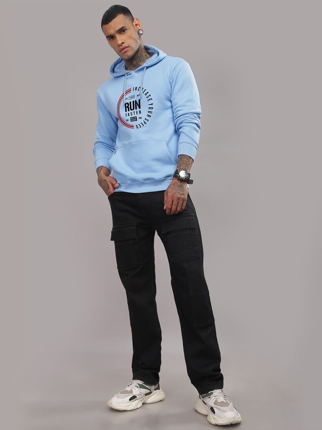 ADRO Men Typography Printed Hood Cotton Pullover Sweatshirt