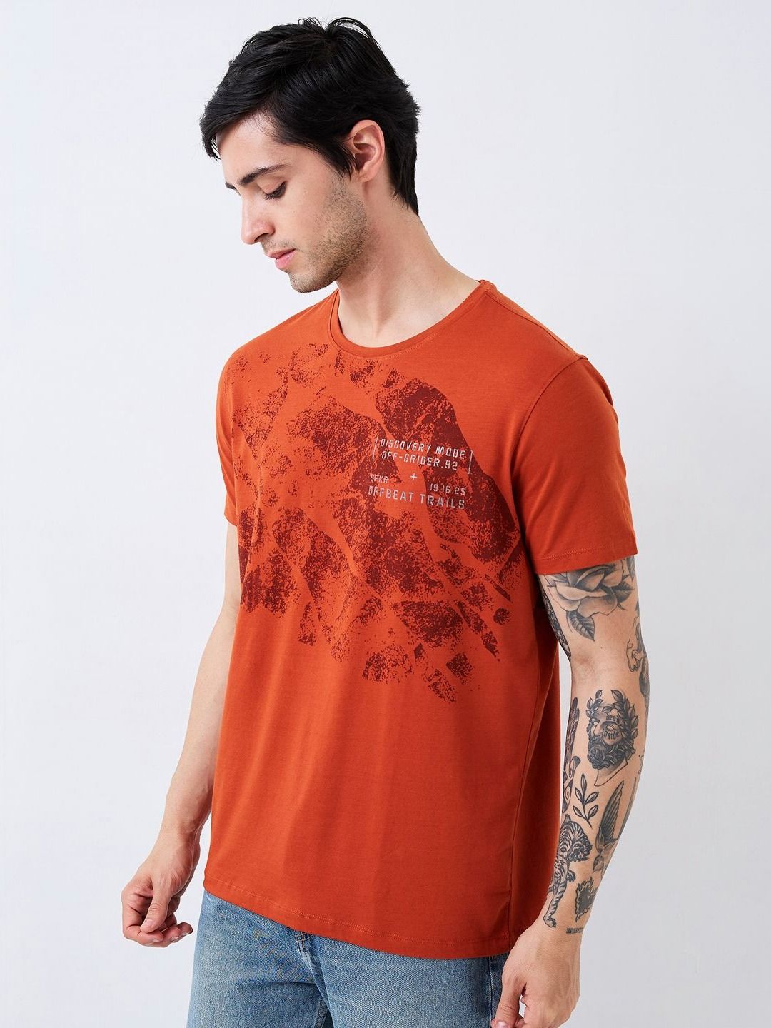 SPYKAR Men Abstract Printed Round Neck Cotton Slim Fit T-shirt
