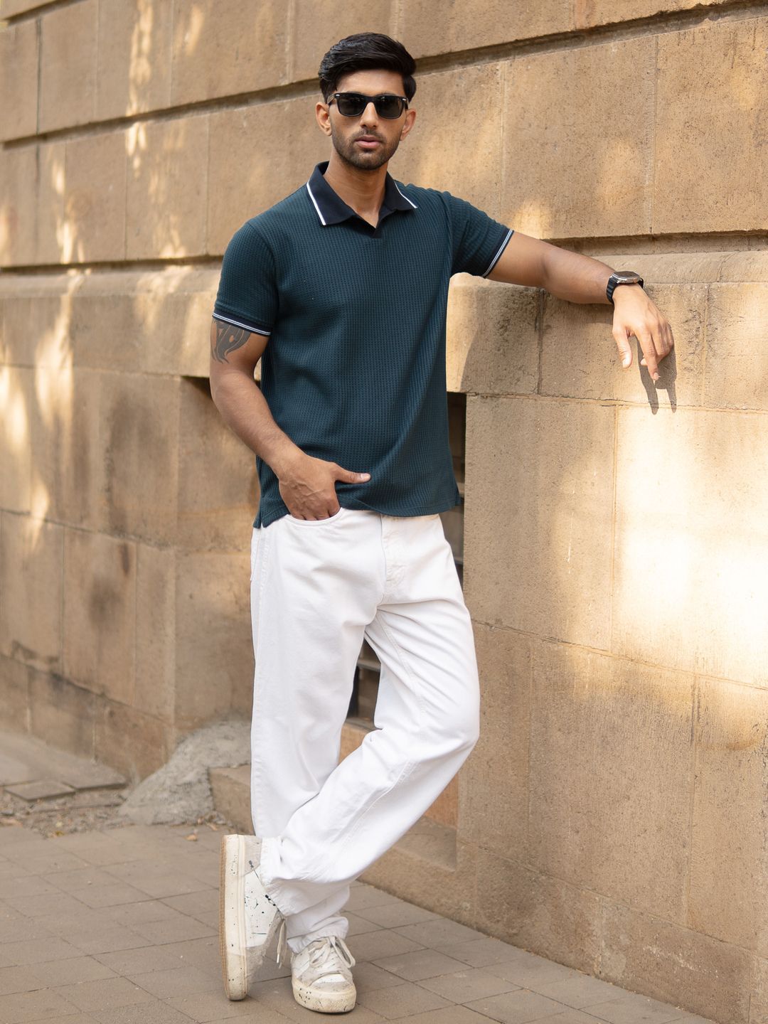 Powerlook SS25 Textured Contrast Polo Collar T-Shirt