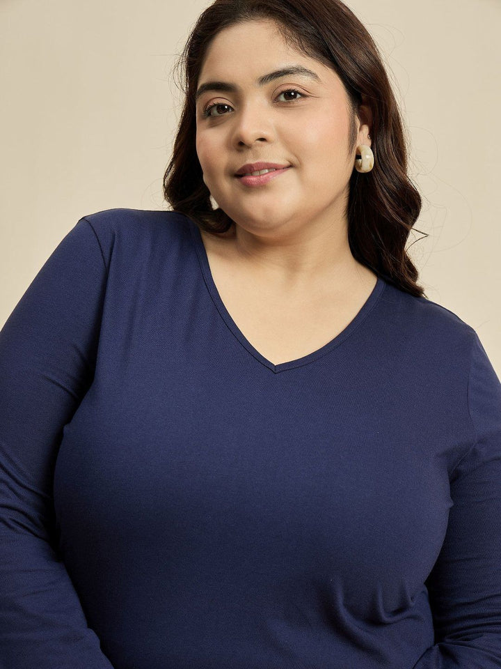 CURVY STREET Women Solid V-Neck Cotton Plus Size T-shirt