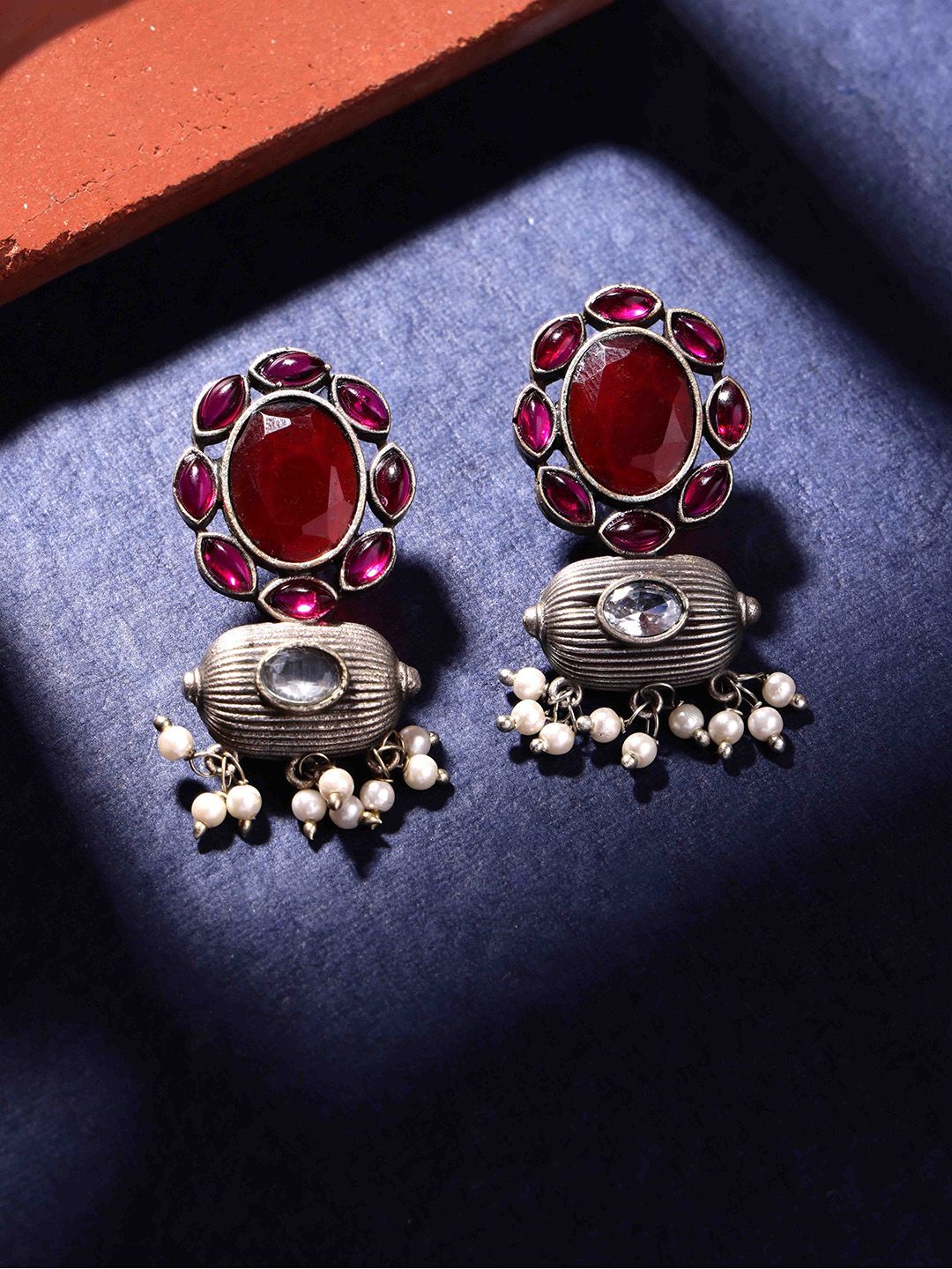 PANASH Silver Plated Cubic Zirconia Studded Oxidized Drop Earrings