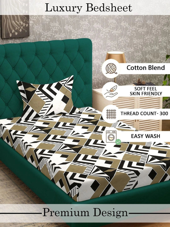 Myntra Elegant Homes White & Beige Geometric 300 TC Single Bedsheet with 1 Pillow Covers