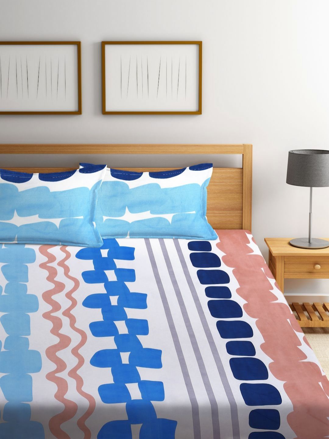 Myntra Elegant Homes Blue Abstract Cotton 300 TC King Fine Bedsheet with 2 Pillow Covers-96 x 89 inches