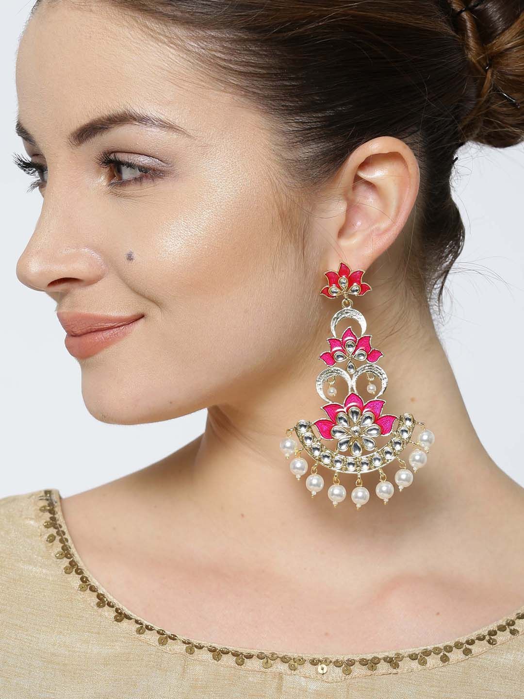 Anouk Pink & Off-White Gold-Plated Stone Studded & Beaded Floral Drop Earrings