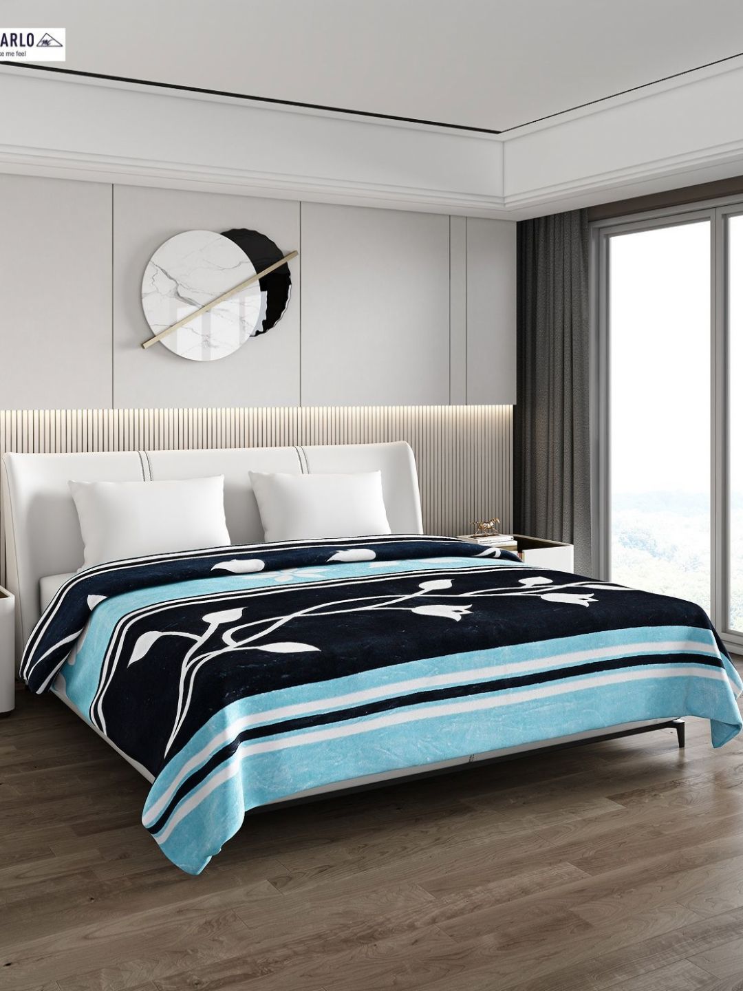 Monte Carlo Blue & Black Floral Mild Winter 550 GSM Double Bed Blanket