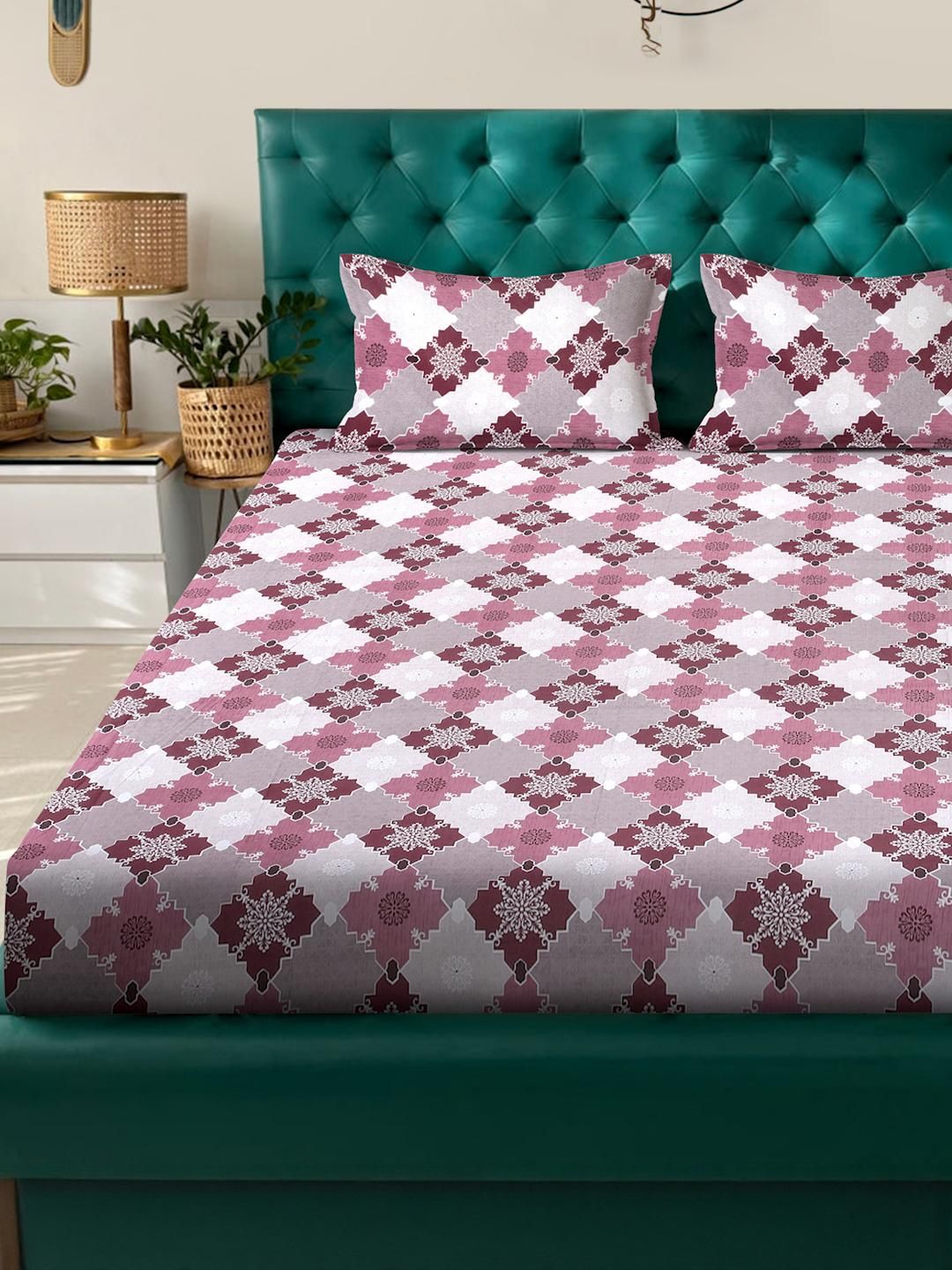 KLOTTHE Pink Floral Printed Dilengkapi 400 TC Kapas Cadar King & 2 Sarung Bantal