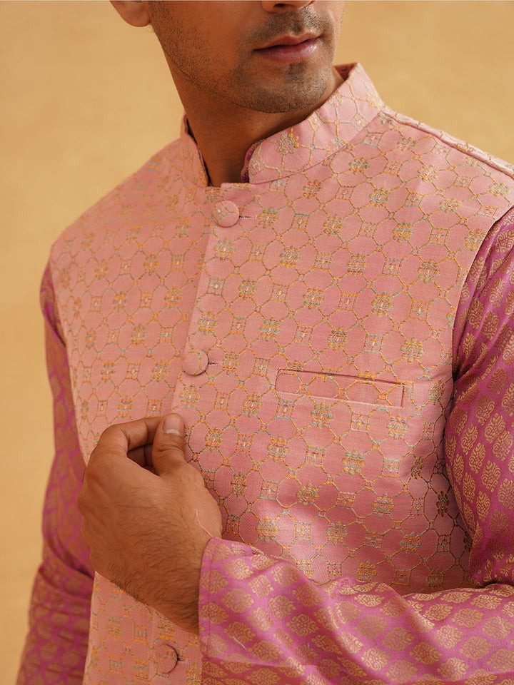 SOJANYA Floral Woven Design  Mandarin Collar Straight Kurta With Churidar & Nehru Jacket