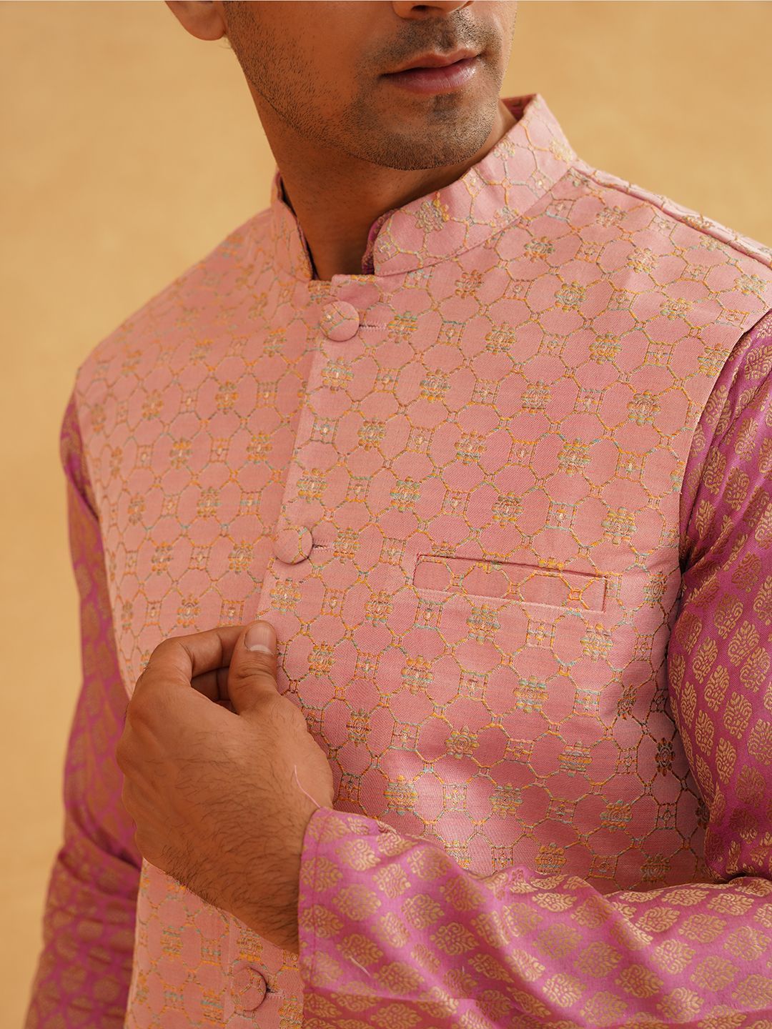 SOJANYA Floral Woven Design  Mandarin Collar Straight Kurta With Churidar & Nehru Jacket