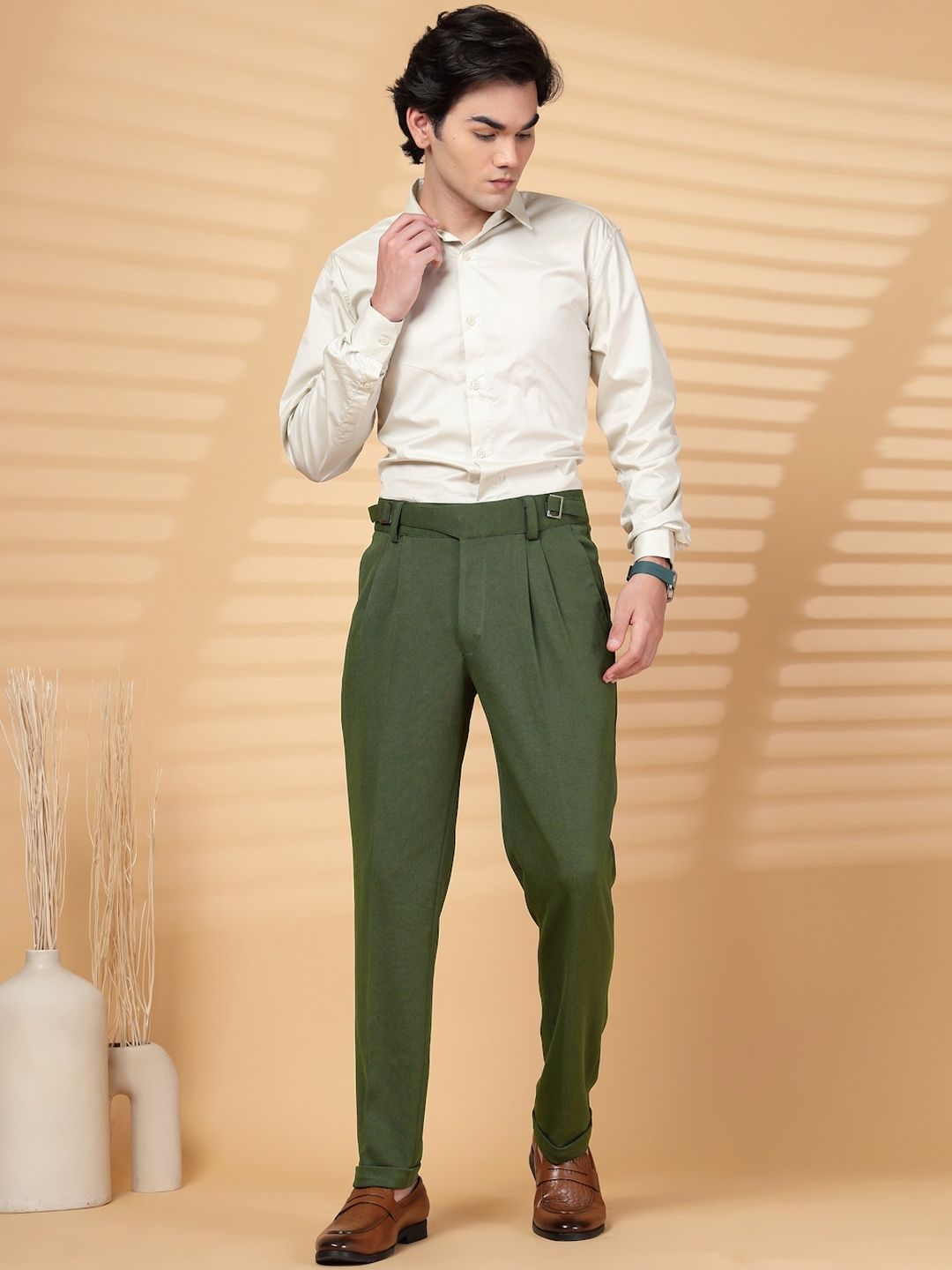 KLOTTHE Men Olive Lycra Formal Formal Trousers