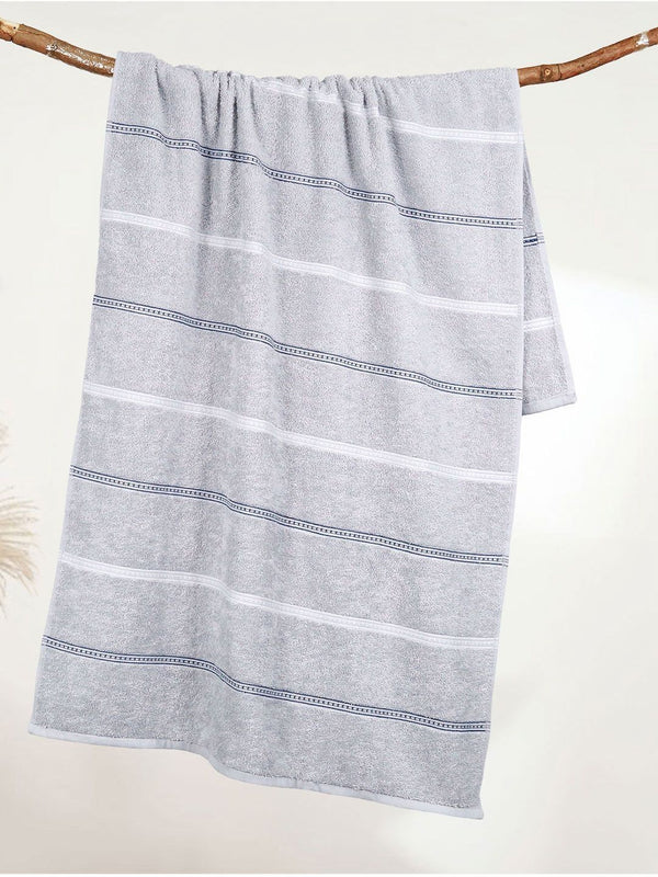 MYTRIDENT Grey & White Striped Cotton 450 GSM Bath Towel