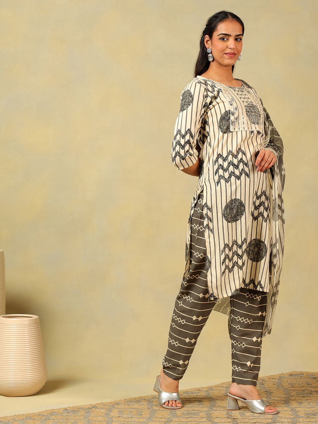 Mamicha Wanita Bercetak Kurta Kapas Tulen Labuci Biasa dengan Seluar & Dengan Dupatta