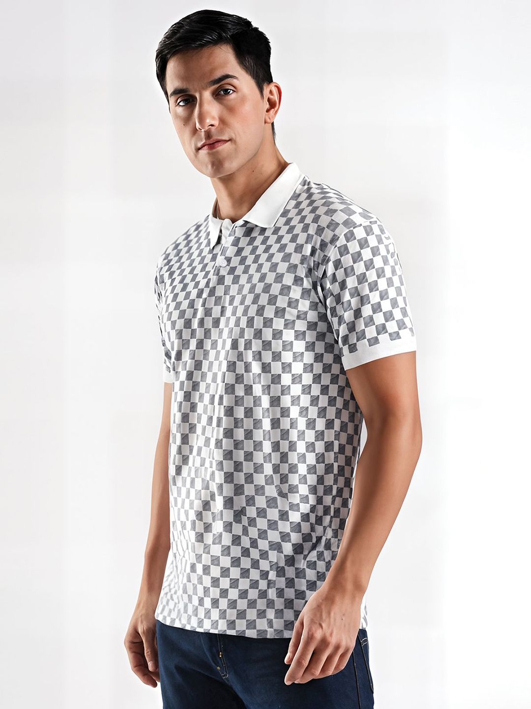 ADRO Checked Polo Collar Regular Fit Cotton T-shirt