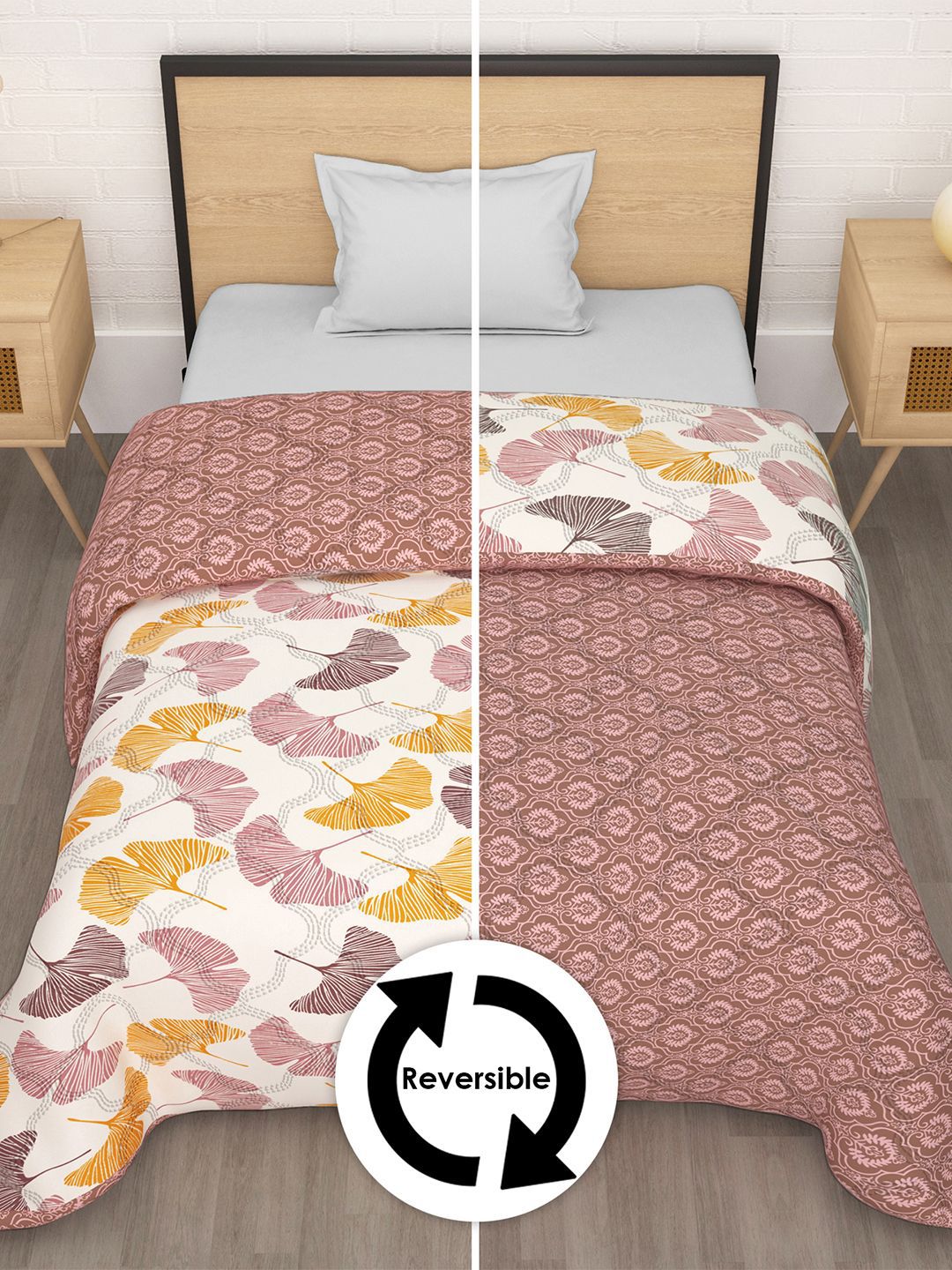 Story@home Beige & Yellow Floral Reversible 120 GSM AC Room Single Bed Comforter