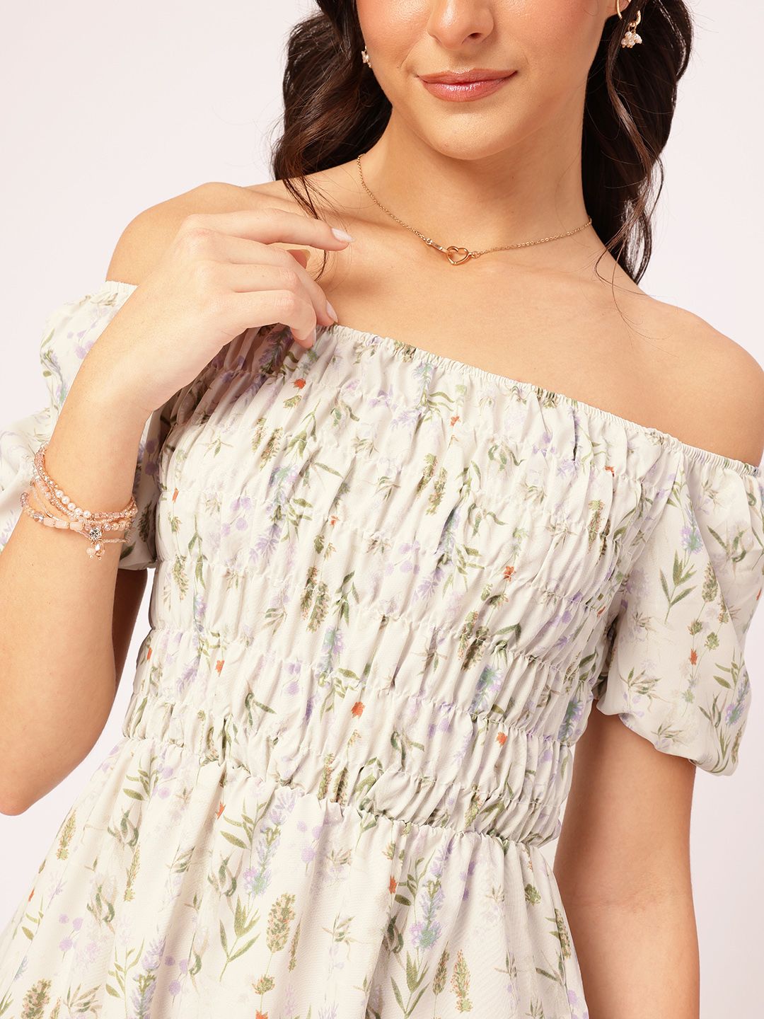 DressBerry Floral Print Off-Shoulder Fit & Flare Midi Dress