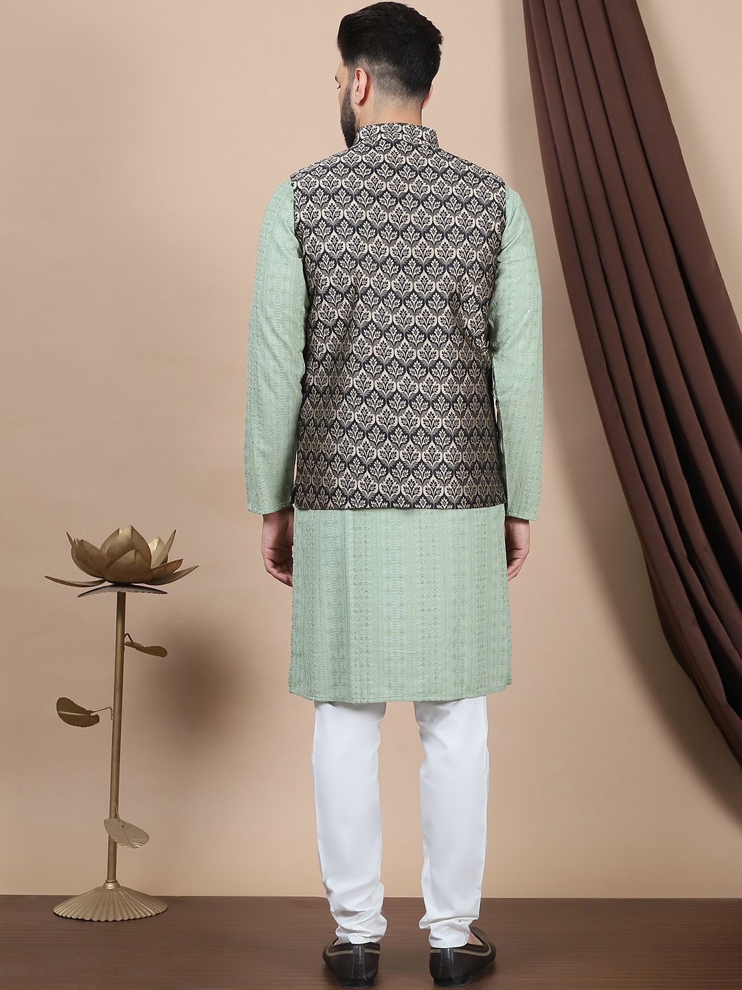 Anouk Floral Embroidered Pure Cotton Sequinned Straight Kurta With Churidar & Nehru Jacket