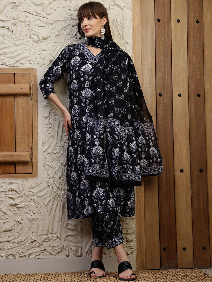 KALINI Floral Printed V-Neck Straight Kurta With Trousers And Dupatta