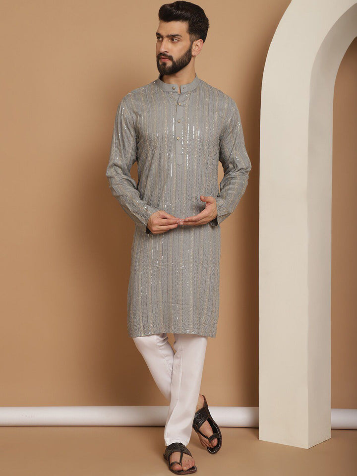 Anouk Grey Leheriya Sulam Kolar Mandarin Kapas Tulen Kurta Lurus Dengan Churidar