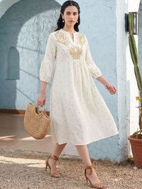 Mamicha Embroidered Puff Sleeve A-Line Midi Dress