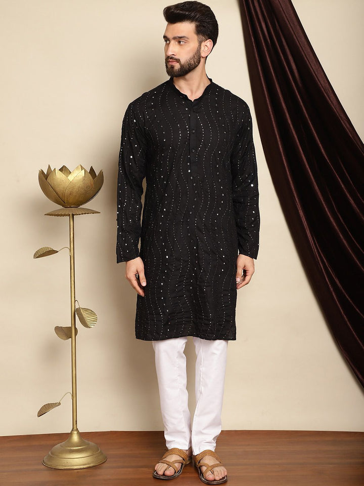 Anouk Black Mandarin Collar Sequinned Pure Cotton Straight Kurta with Pyjamas
