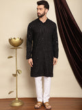 Anouk Black Mandarin Collar Sequinned Pure Cotton Straight Kurta with Pyjamas