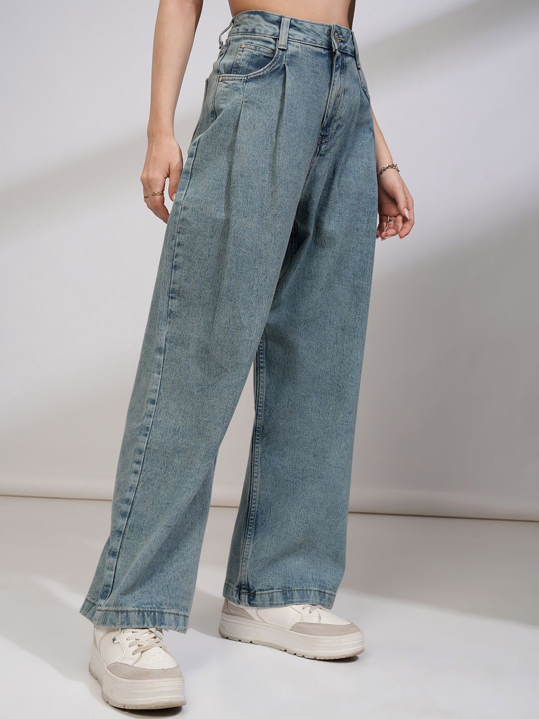 Tokyo Talkies Women High Rise Pleated Wideleg Jeans