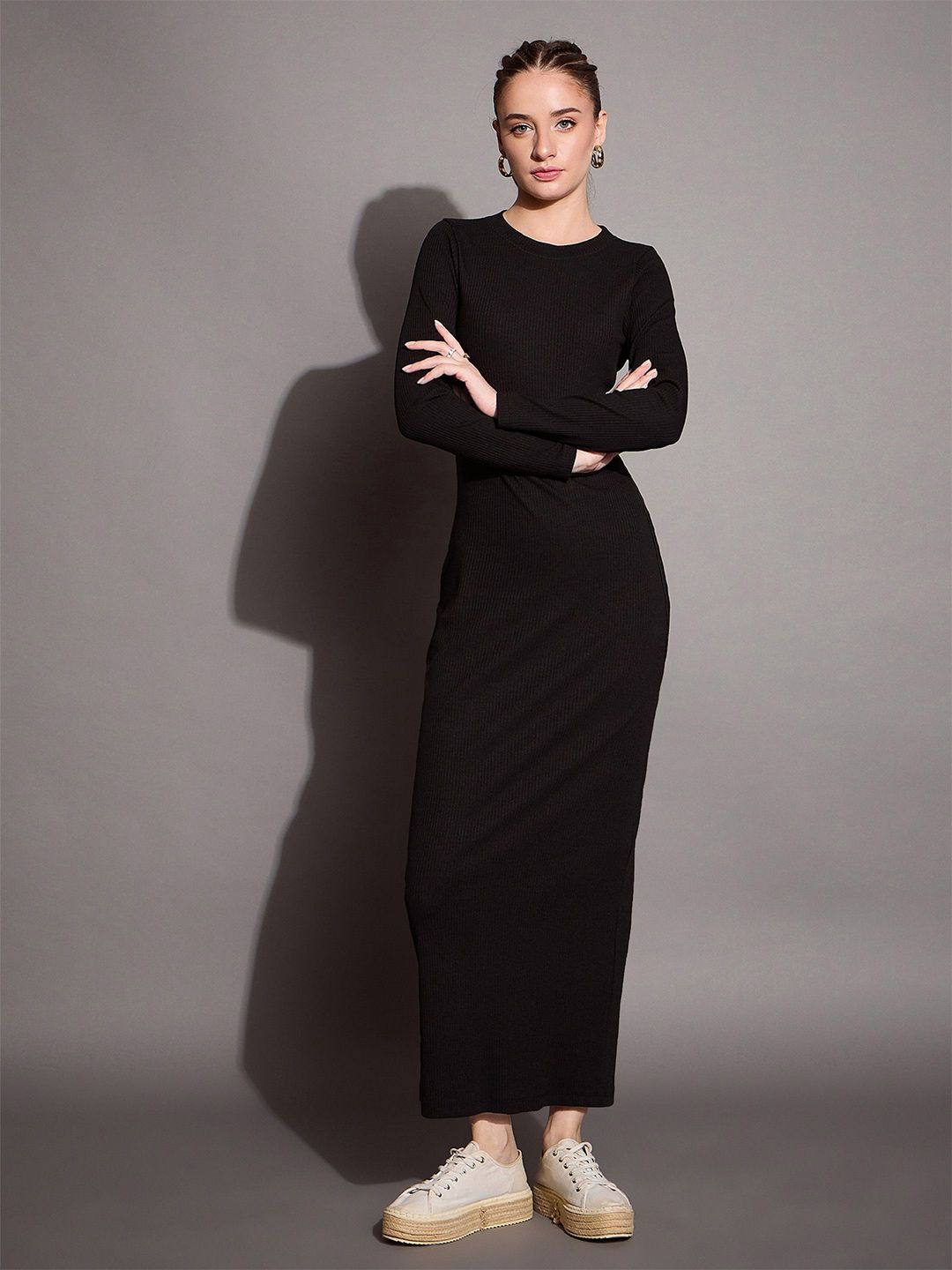SASSAFRAS BASICS Solid Round neck Bodycon Maxi Dress