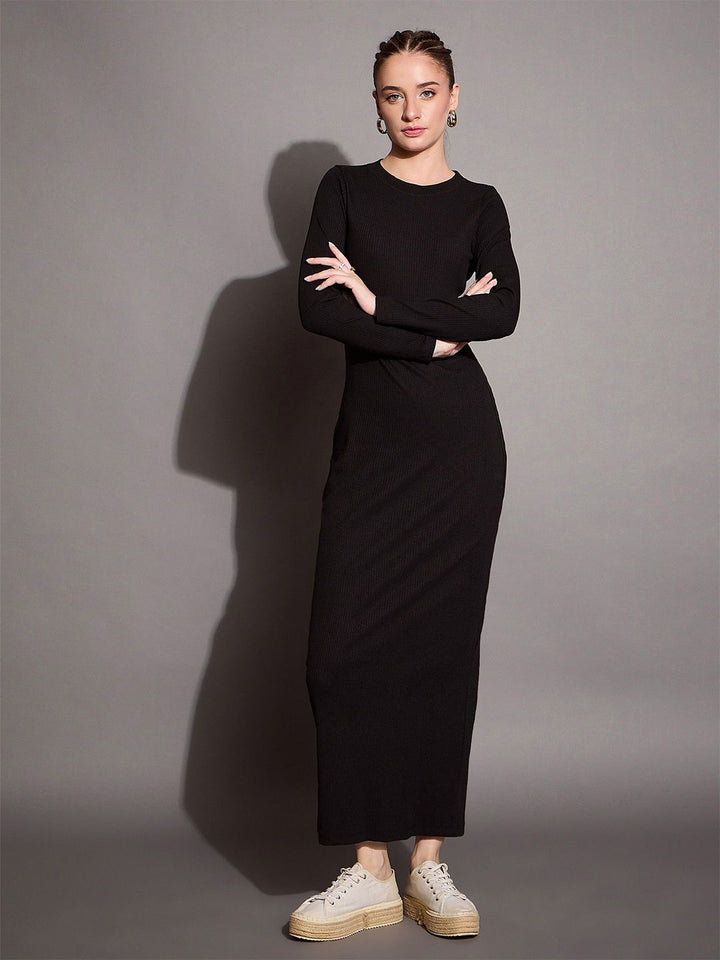 SASSAFRAS BASICS Solid Round neck Bodycon Maxi Dress