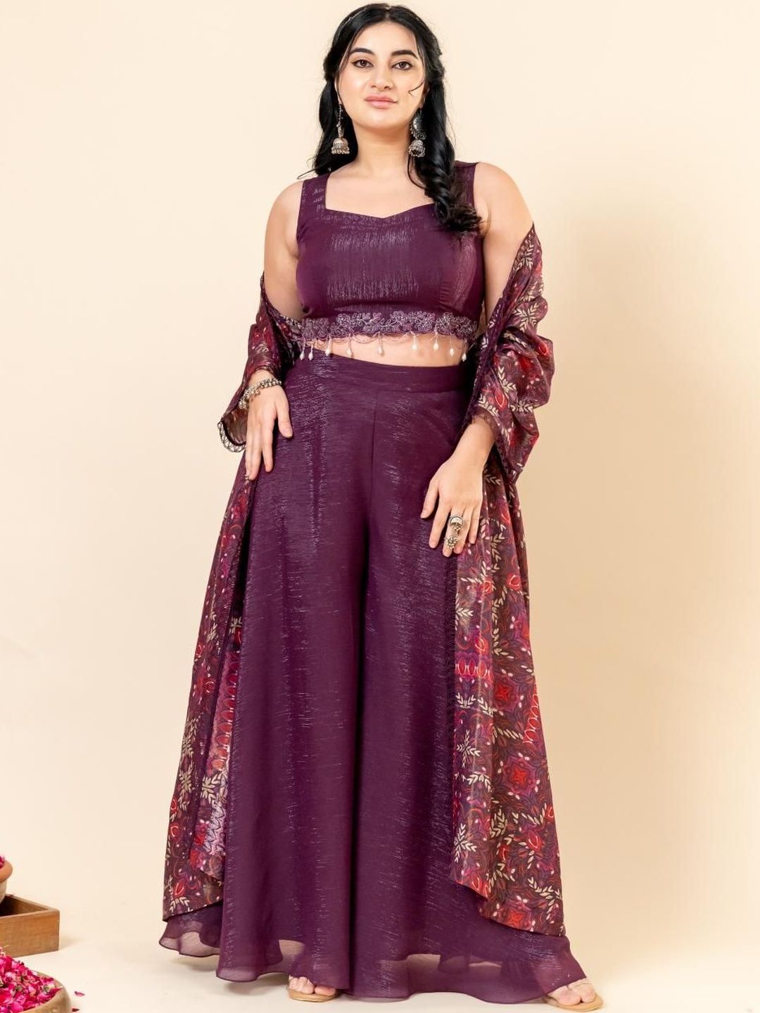 Mamicha Mehfil Printed V-Neck Crop Top With Cape & Palazzos Co-Ords Set