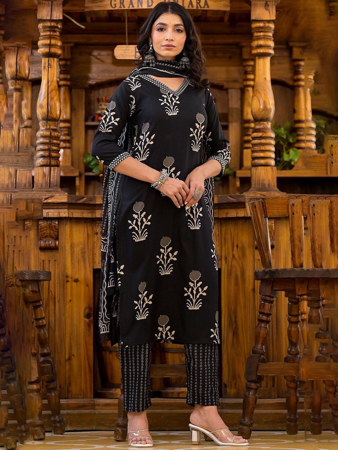 KALINI Ethnic Motifs Printed Sequinned Straight Kurta With Trousers & Dupatta