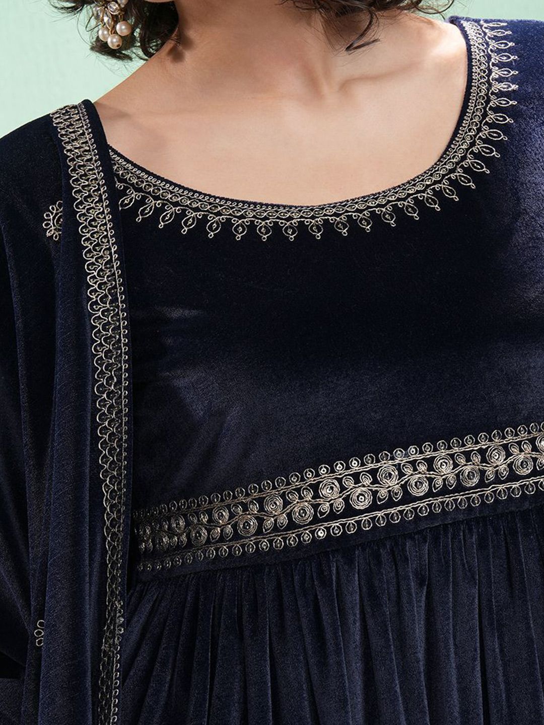 Vishudh Velvet Embroidered Maxi Dress With Dupatta