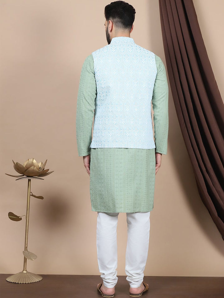 Anouk Blue Embroidered Straight Sequinned Pure Cotton Kurta with Churidar & Nehru Jacket