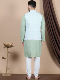 Anouk Blue Embroidered Straight Sequinned Pure Cotton Kurta with Churidar & Nehru Jacket