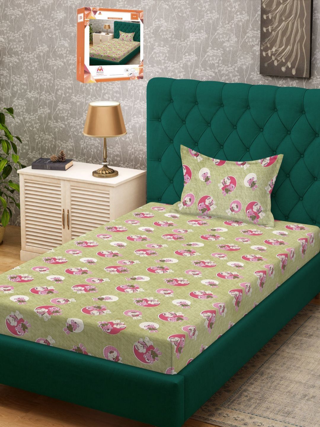 Myntra Elegant Homes Green Conversational Pure Cotton 400 TC Single Cadar Superfine dengan Sarung Bantal-89 x 59 inci
