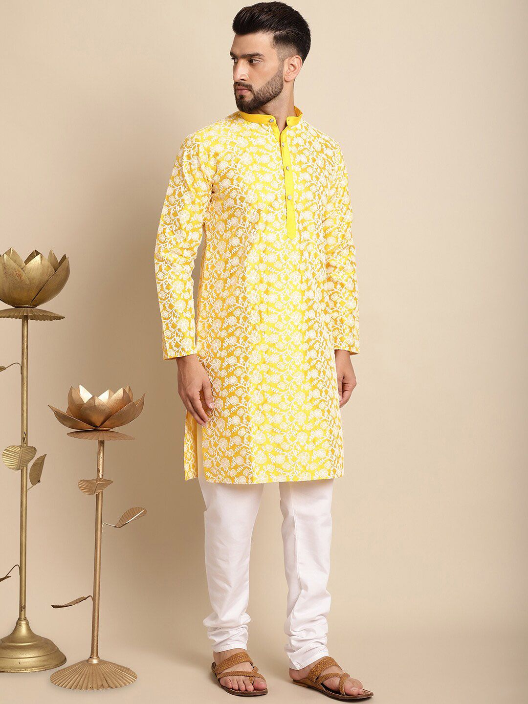 Anouk Floral Embroidered Silk Cotton Kurta With Churidar