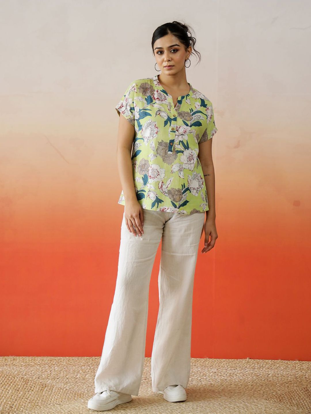 SANSKRUTIHOMES Women Floral Printed Extended Sleeves Pure Cotton Top