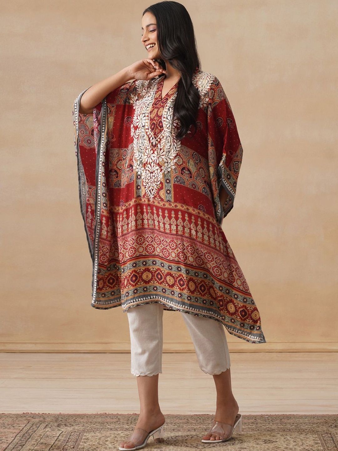 House of Chikankari Women Rust Printed Crepe Kaftan Kurta