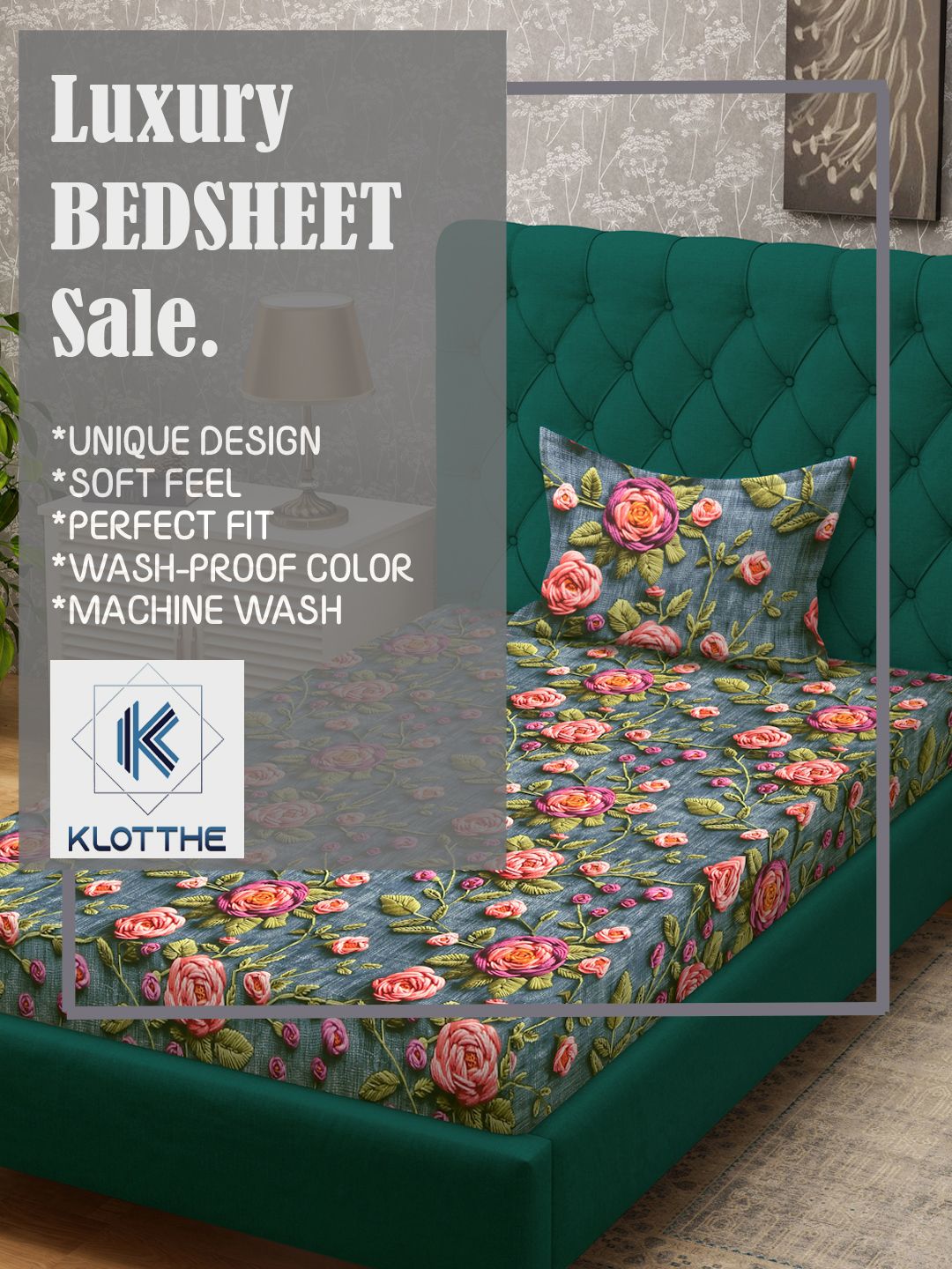 KLOTTHE Turquoise Blue Floral Printed Flat 300 TC Single Cadar 7D Dengan Sarung Bantal