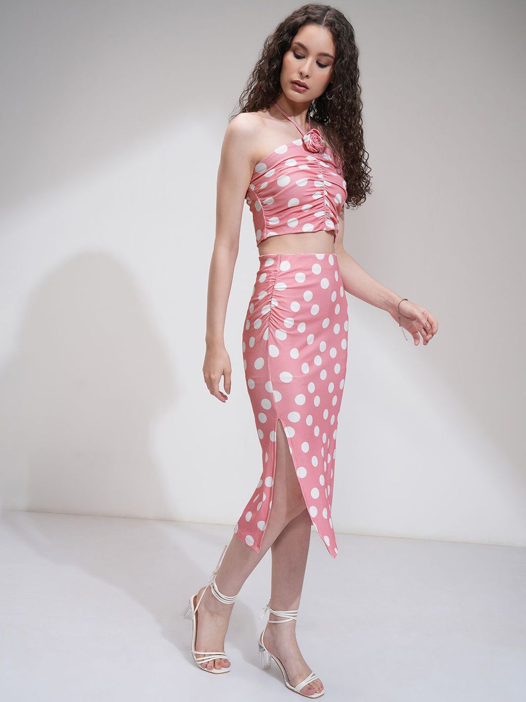 Tokyo Talkies Women Polka Dot Corsage Top with Midi Skirt Co-Ords