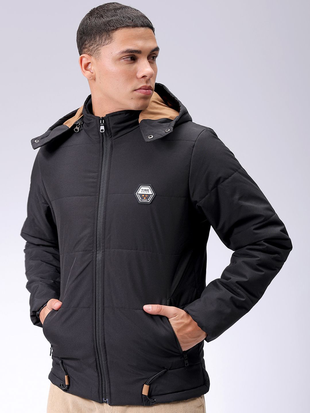 The Indian Garage Co Men Slim Fit Zip-Front PufferJacket with Detachable Hood