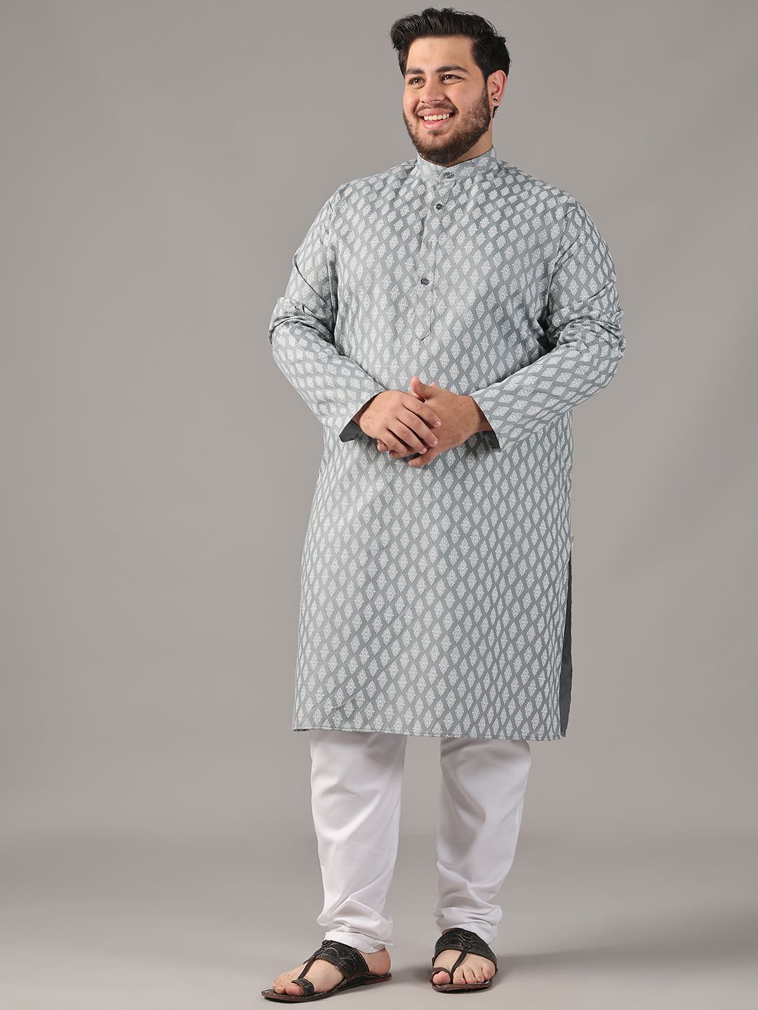 SOJANYA PLUS Plus Size Men Ethnic Motifs Printed Band Collar Straight Kurta With Pyjamas