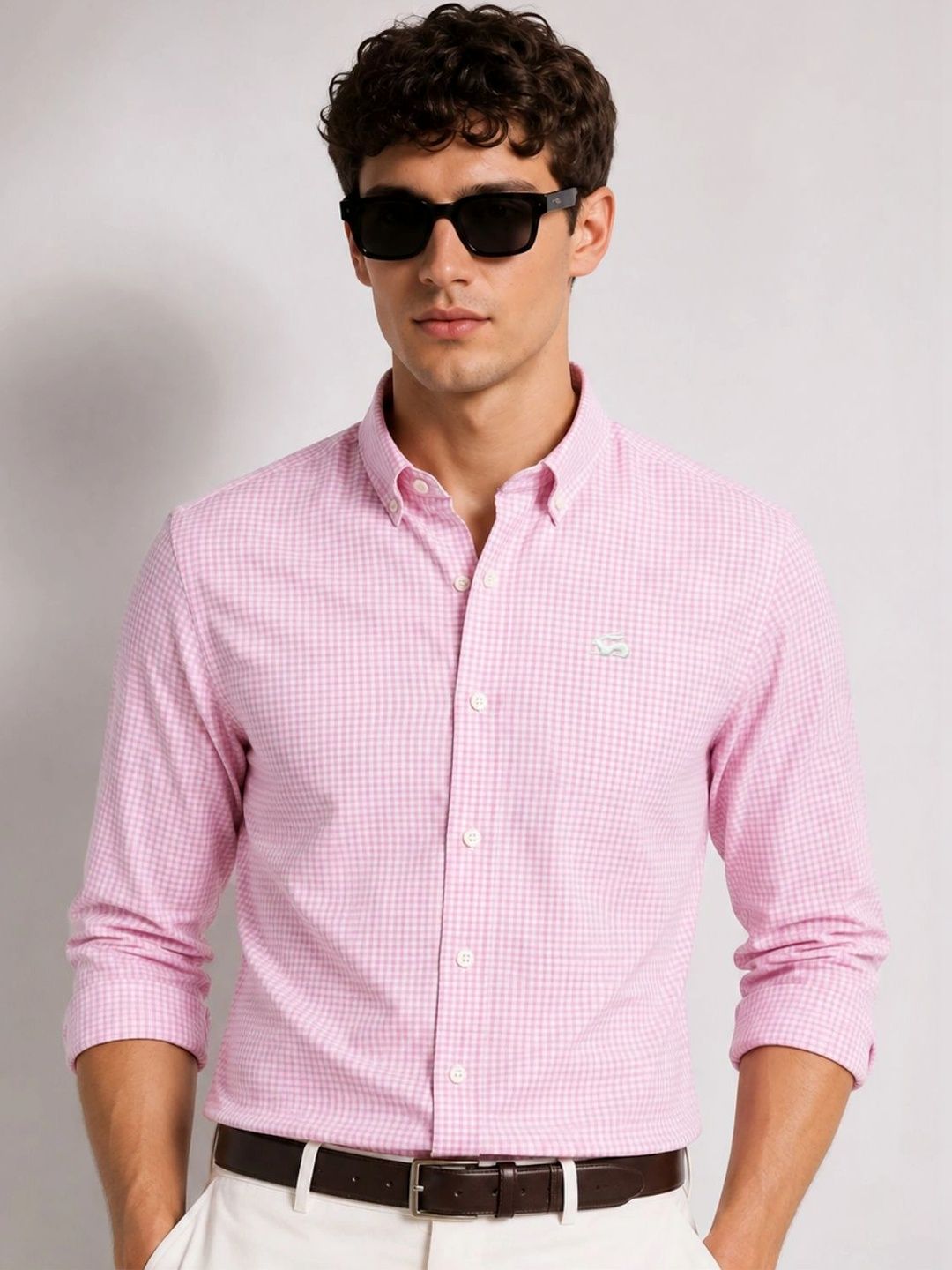 ADRO Men Pink & White Mini Checked Regular Fit Casual Cotton Shirt