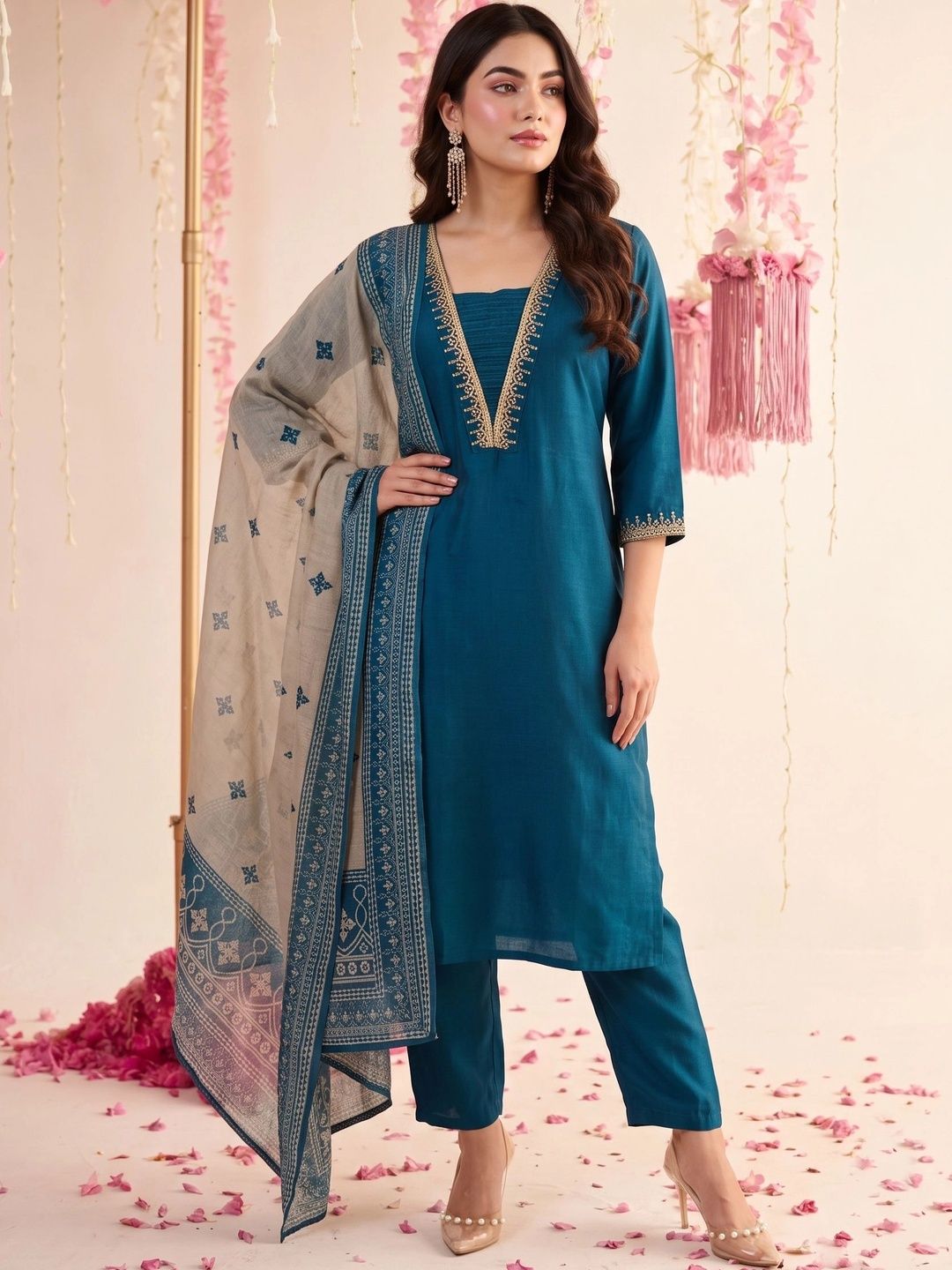 Mamicha Women Ethnic Motifs Thread Work Kurta with Trousers & With Dupatta